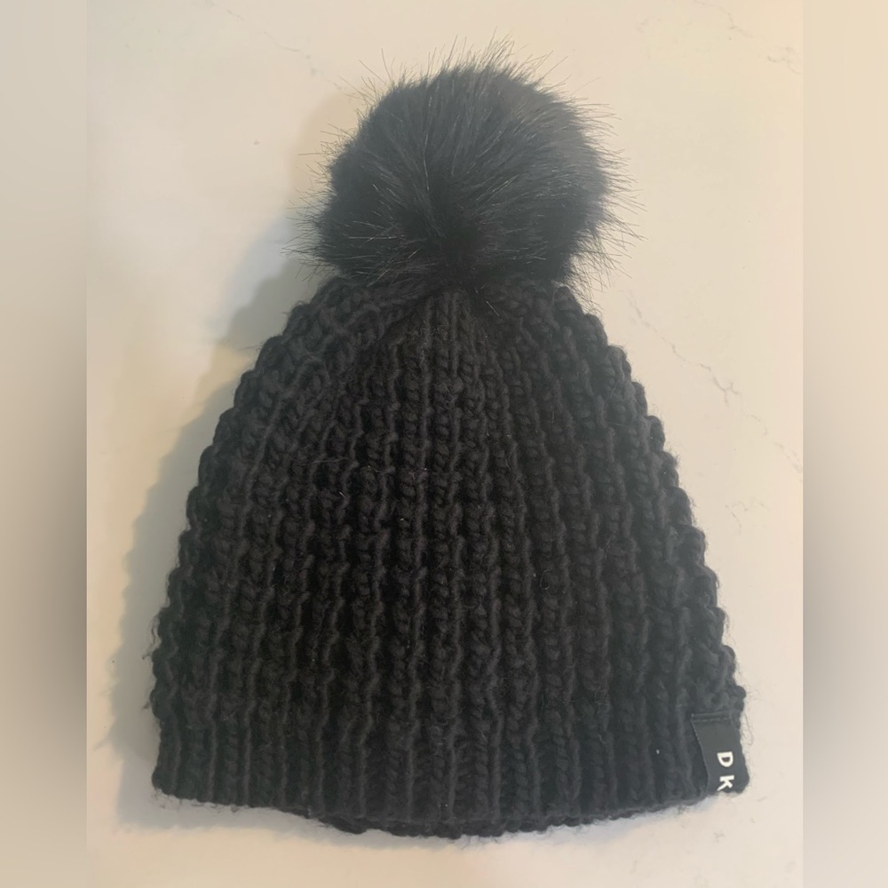DKNY Black Knit Pom-Pom Beanie